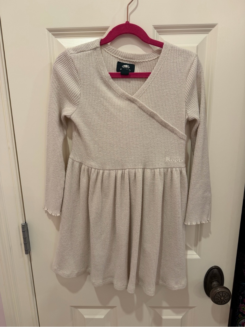 Roots Girls' Cream Ribbed Wrap-Style Knit Dress w/ Glitter